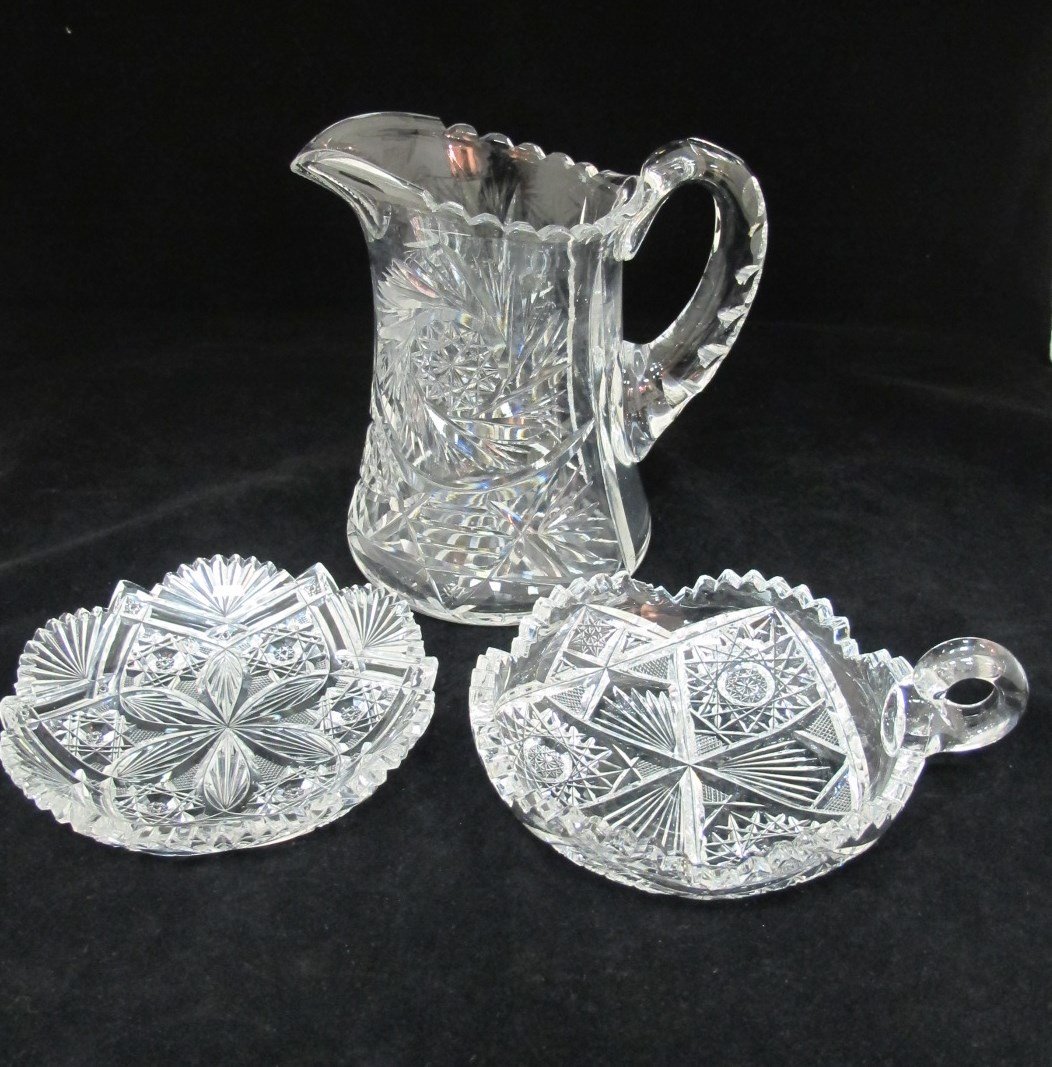 Cut Crystal Pitcher 7"h, Thumbhole Nut Dish 6", Nut Dis: Cut Crystal Pitcher 7"h, Thumbhole Nut Dish 6", Nut Dish 6"