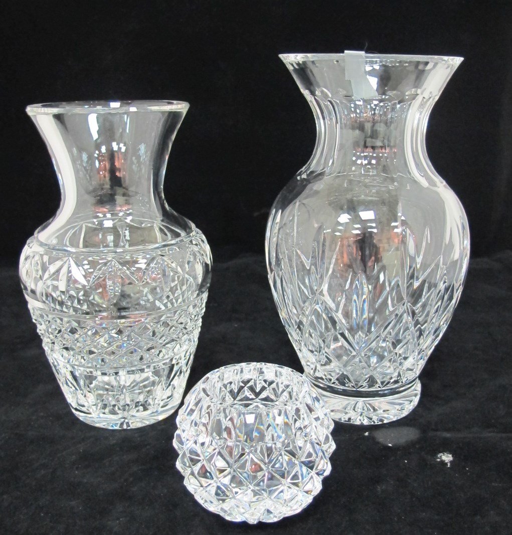 3 Pieces of Waterford 8" Vase, 7" Vase and 9" Candlesti: 3 Pieces of Waterford 8" Vase, 7" Vase and Candlestick