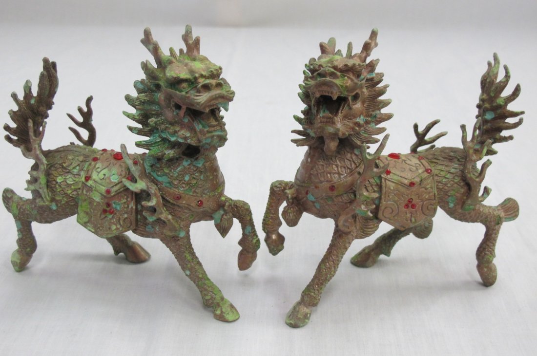 Pair of Chinese Brass Armored Foo Lions, 5"h: Pair of Chinese Brass Armored Foo Lions, 5"h
