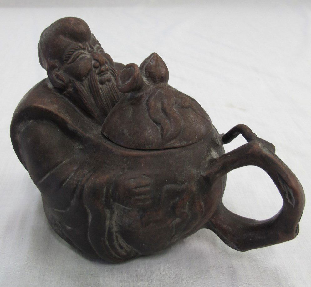 Chinese Yixing "Old Man" Pottery Tea Pot, 4 1/2" h x 6": Chinese Yixing "Old Man" Pottery Tea Pot, 4 1/2" h x 6"