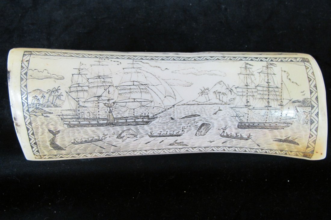 Antique Whale's Bone Scrimshaw, The Whaler Indian, 8": Antique Whale's Tooth Scrimshaw, The Whaler Indian, 8" Rare and Ornately Carved
