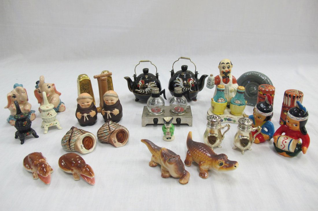 Collection of Salt & Pepper Shakers to Include: Indians: Collection of Salt & Pepper Shakers to Include: Indians, Stones, Tire & Pump, Chef, Elephants, Aligators, Crocodiles, Tea Pots, Coffee Pots, Totum Polls, Shells, Coney Island Tea Pots, Gold Gilt and D