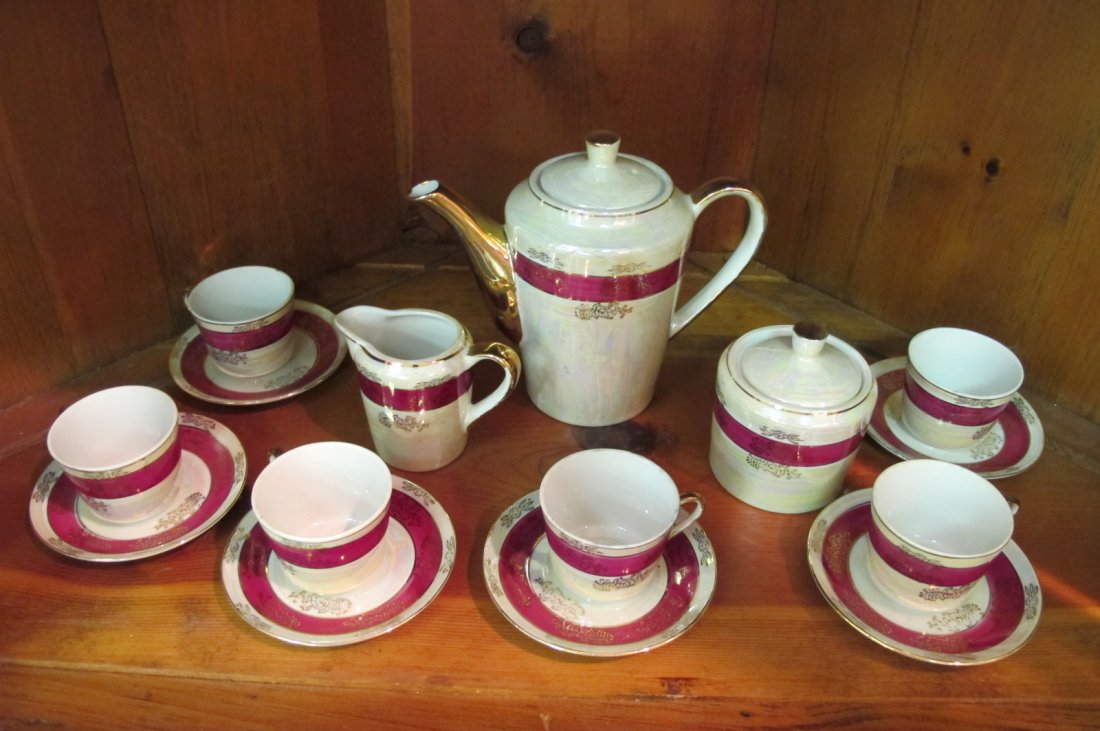 Opalescent Japanese Porcelain Tea Set Including Tea Pot: Opalescent Japanese Porcelain Tea Set Including Tea Pot, Sugar, Creamer, 6 Cups & 6 Saucers