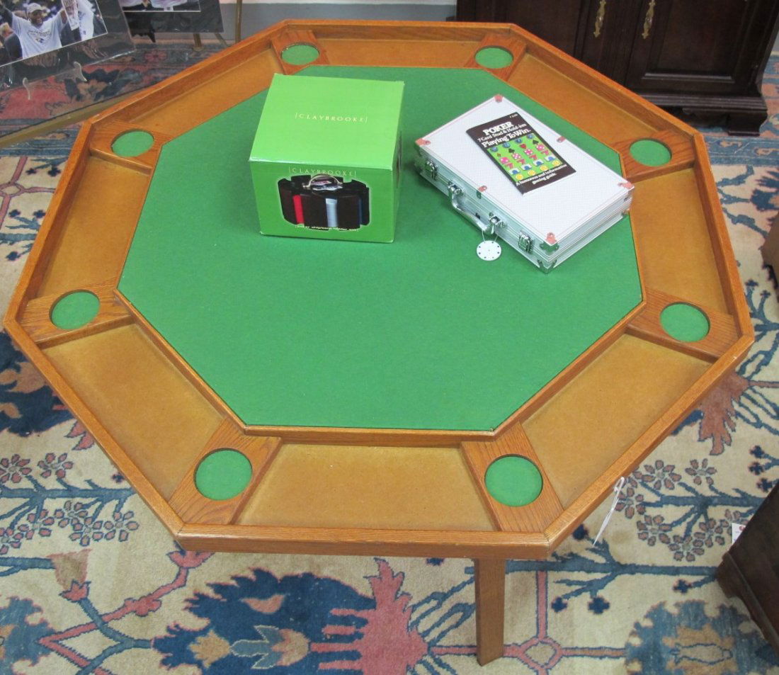 Poker Set to Include: Oak/Felt Poker Table for 6, Set o: Poker Set to Include: Oak/Felt Poker Table for 6, Set of Poker Chips, Cherry Wood Chip Holder & Vintage Collector's Poker Guide