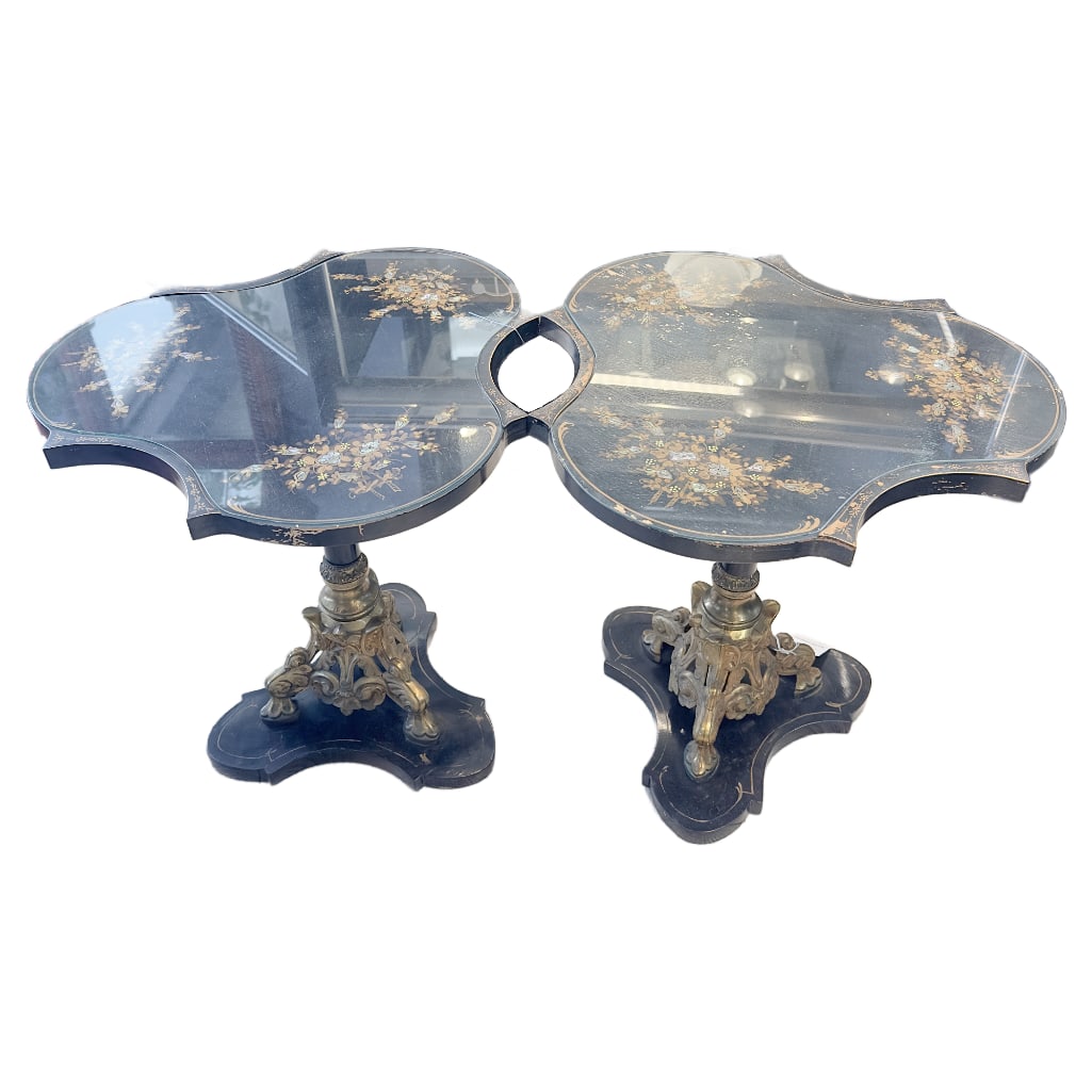 Pair of Victorian Papier -Mache' Side Tables: Pair of Victorian Papier -Mache' Side Tables, from mid to late 19th century. Hand painted Lacquer Top Decorated with Floral Motives and Mother-of-Pearl Inlay. Ornate pedestal base features cast