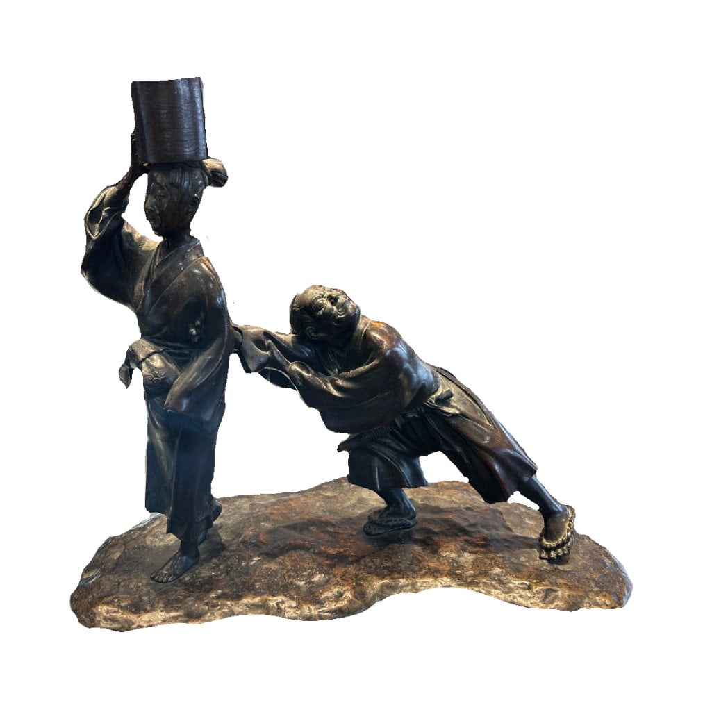 Japanese Meiji Period Bronze Okimono Sculpture: Japanese Meiji Period Bronze Okimono Sculpture. This Lot Includes One (1) Bronze Sculpture Depicting Two Figures Likely of the Okimono Period (1868-1912), in Very Good Condition. The Sculpture