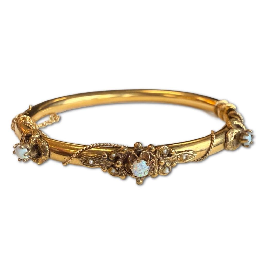 1950s Victorian Revival 14k Yellow Gold & Opal Bangle Bracelet (1 of 1)