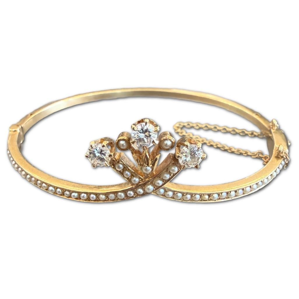 Victorian 14k Yellow Gold Diamond & Seed Pearl Bangle (1 of 1)