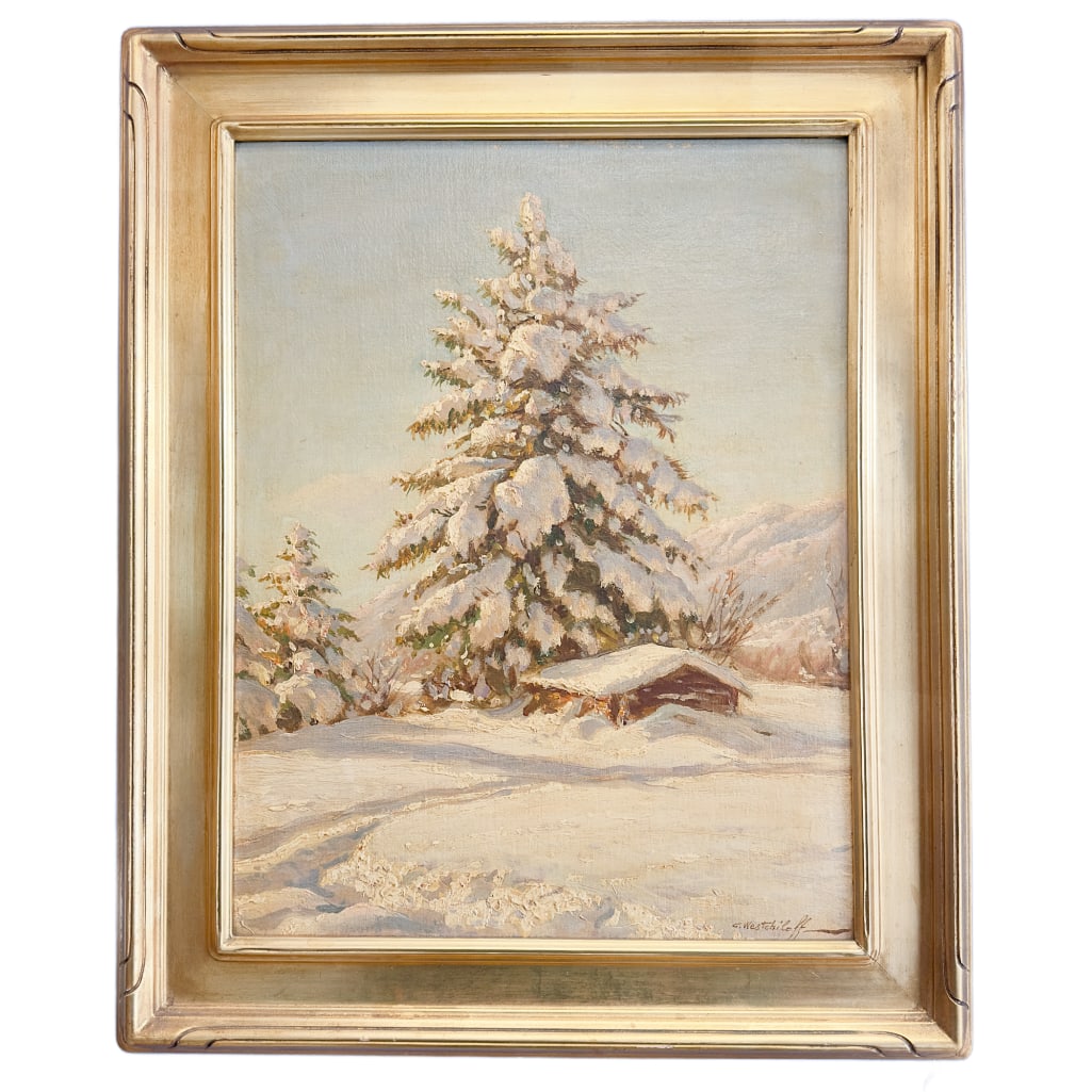 Constantin Alexandrovitch Westchiloff (1877-1945) Lone Pine Chamonix: Constantin Westchiloff (1877-1945) Lone Pine Chamonix, oil on board, signed bottom right, canvas size13.1/2" x 17 1/2" framed 18 1/2" x 22 1/2 Constantin Alexandrovitch Westchiloff
