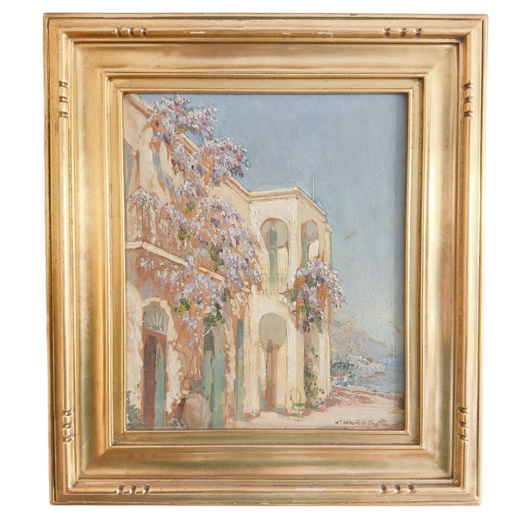 Constantin Alexandrovitch Westchiloff (1877-1945) Untitled: Most likely somewhere in medditeranean coast. Oil on board, 8 7/8" x 10 canvas, frame is 13 1/4" x 15". Constantin Alexandrovitch Westchiloff (1877-1945) is an American-Russian
