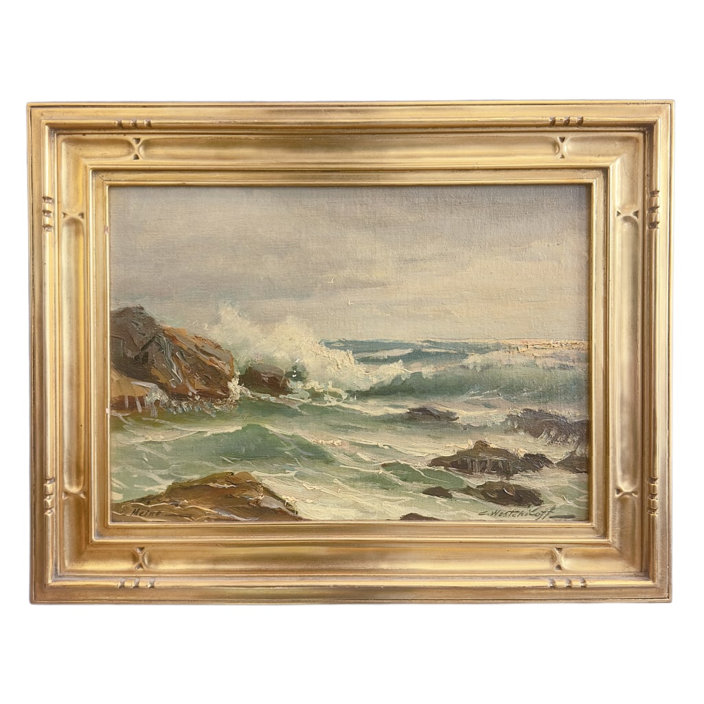 Constantin Alexandrovitch Westchiloff (1877-1945) Maine: Constantin Westchiloff (1877-1945) Maine, Oceanscape. Oil on board, signed bottom right, titled bottom left. Canvas size 14" x 10" , frame size 18 1/4" x 14 1/4" Constantin