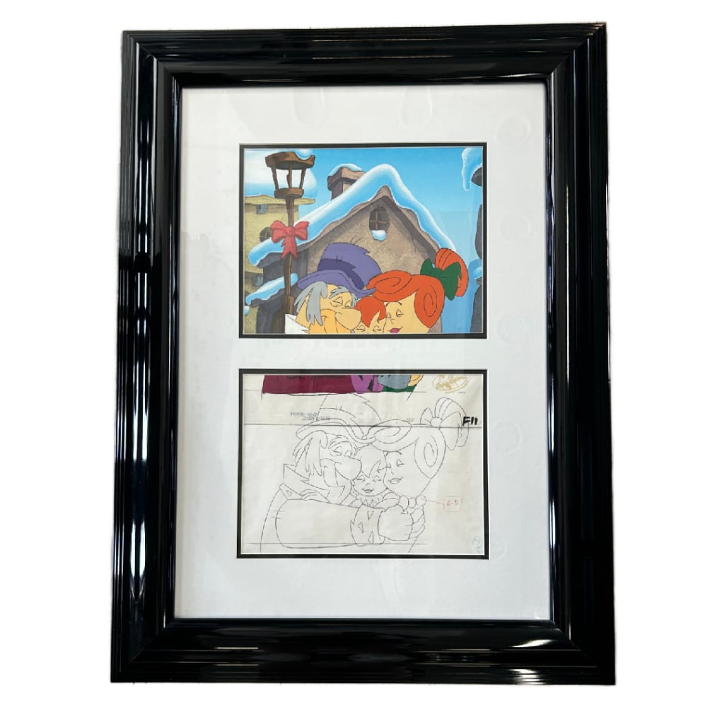 A Flintstones Christmas Carol Production Cell & Animation Sketch: Hanna-Barbers A Flintstones Christmas Carol Production Cell & Animation Sketch. Featuring a production cell of Fred, Pebbles and Wilma in the top frame and the corresponding animators sketch in