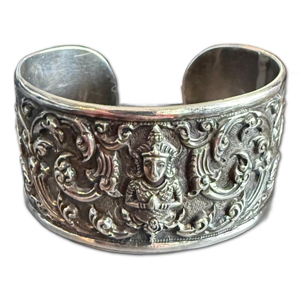 SS Asian Carved Cuff Bracelet: Sterling Silver Asian Carved Cuff Bracelet Measuring 2.25 inches in Diameter, The Bracelet Weighs 22.19dwt in Pennyweight.