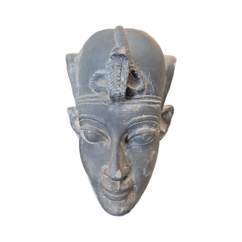 Ancient Egyptian Royal Pharaonic With Khepresh Stone Bust: Ancient Egyptian Royal Pharaonic wearing Khepresh (Blue Crown) with groove for inset Uraeus Stone Bust. Suspected to be basalt. Measures 7" in height, 6" in Length, & approx. 5" in width. *Aged