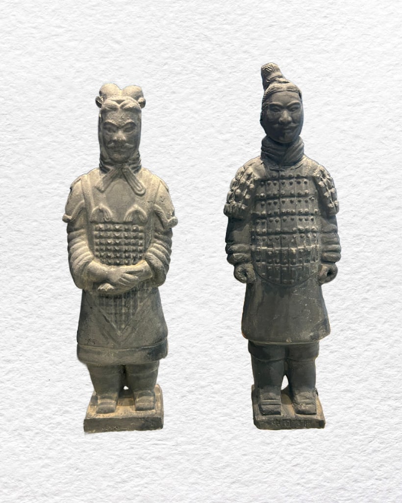 Pair Clay Replica Terracotta Warriors: Pair Clay Replica Terracotta Warriors. This lot includes two clay figurines, both in fair condition. These figurines are from the estate of a distinguished doctor, who volunteered his medical