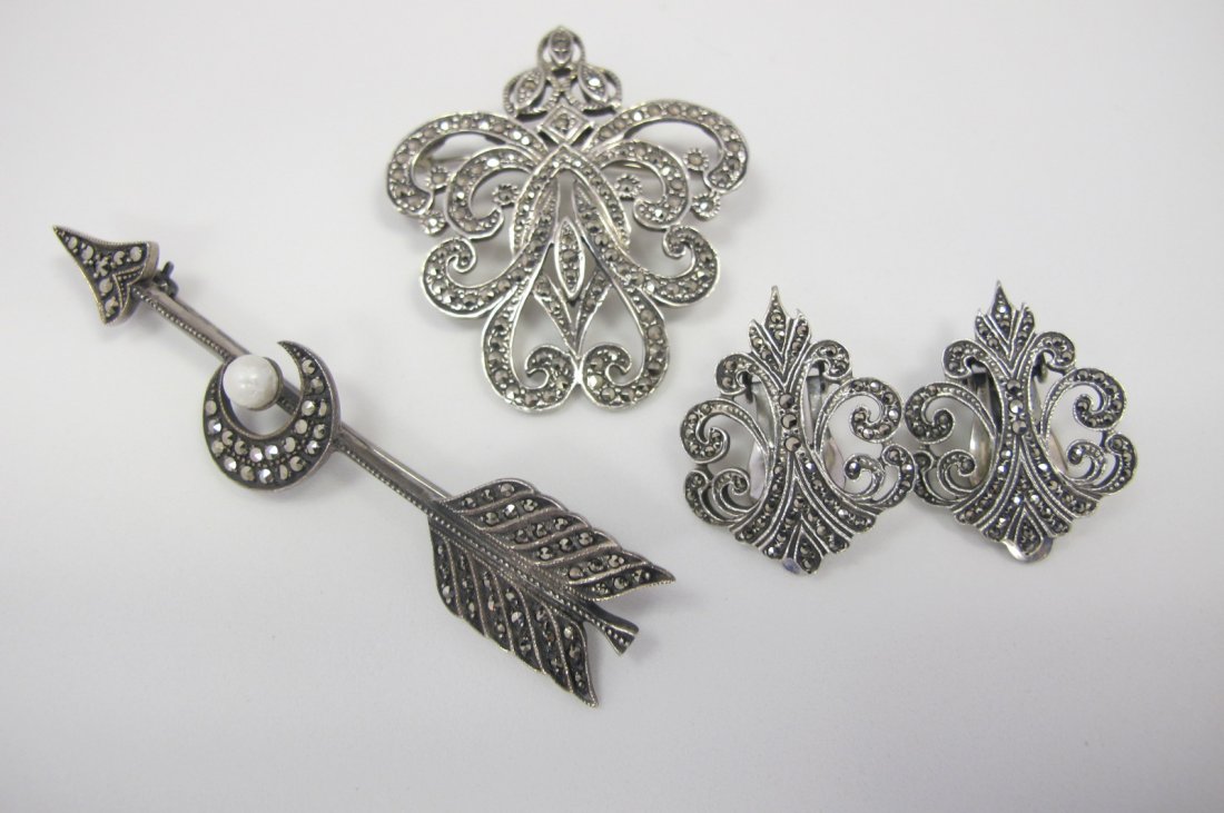 Brandt Sterling Silver & Marquesite Pin with Matching: Brandt Sterling Silver & Marquesite Pin with Matching Earrings and Sterling Silver & Marquesite Arrow Pin