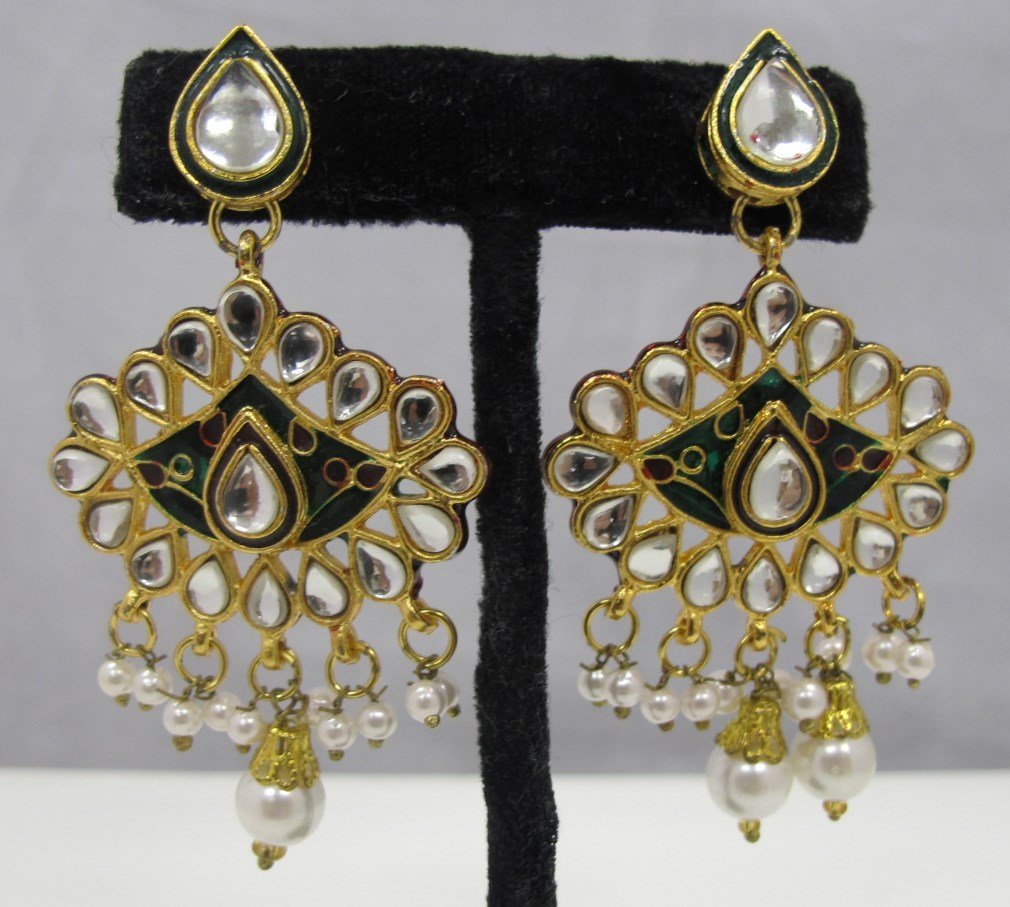Sterling & 22K Pearl, Enamel & White Stone Earrings,: Sterling & 22K Pearl, Enamel & White Stone Earrings, Taj Mahal Collection, India