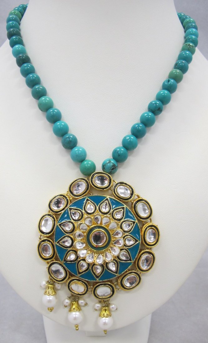 8 x 8 1/2mm Turquoise Bead Necklace w/ Pearl, Enamel &: 8 x 8 1/2mm Turquoise Bead Necklace w/ Pearl, Enamel & White Stone Drop, Taj Mahal Collection, India