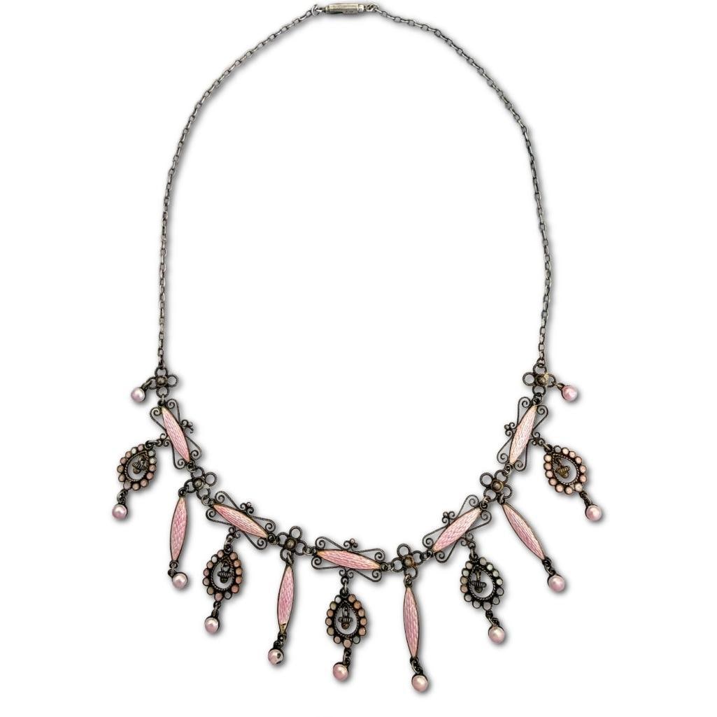 930 Silver Marius Hammer Enamel Festton Necklace: 930 Silver Marius Hammer Enamel Festoon Necklace. The Piece Features Delicate Filigree Metalwork Configured with Multiple Cascading Tiers, Accented by Marquise -Cut Pink Panels. The Style