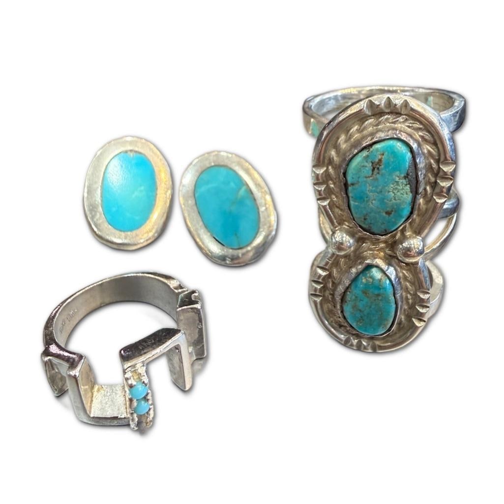 Collection of Vintage Sterling Silver Turqouise Jewelry: Collection of Vintage Sterling Silver Turquoise Jewelry To Include: One Southwestern Style Natural Turquoise Ring Sized to a 5.5* All Three Shanks Different Sizes. One (1) Pair of Turquoise Earrings. 