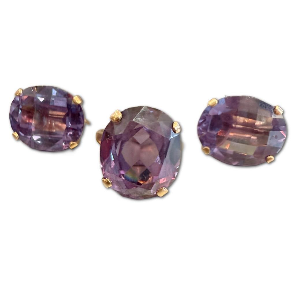 14k YG Mid Century Matching Set Lab Grown Sapphires: 14k YG Mid Century Matching Set Lab Grown Sapphire Ring and Earrings. Earrings Contains Two (2) Checkerboard Cut Lab Grown Purple Sapphires Weighing Approximately 29.22cts in Total Carat Weight.