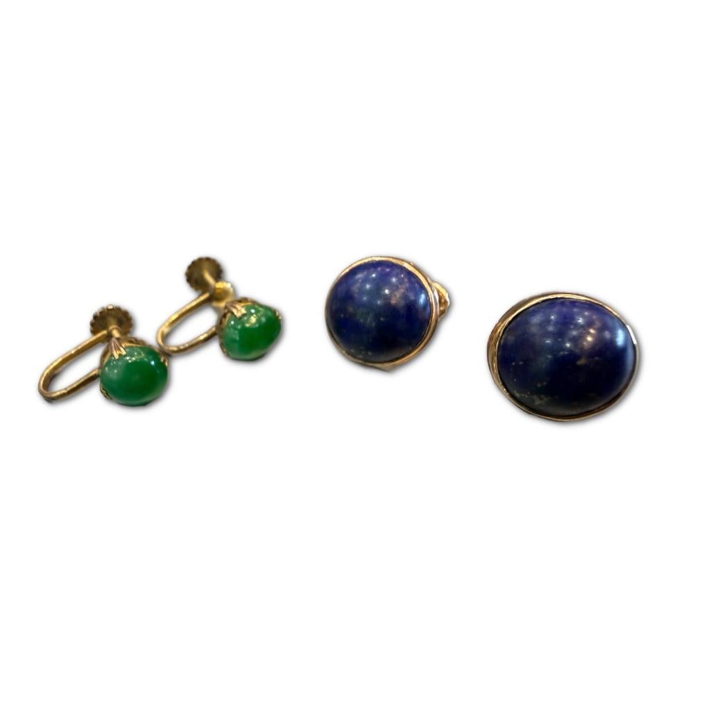 Two Pairs of 14k Lapis & Jade Screwback Earrings: Two Pairs of 14k Lapis & Jade Screw back Earrings The Lapis Cabochons Measure 11.5mm in Diameter. The Nephrite Jade Cabochons Measure 7.4mm in Diameter. The Earrings have a Cumulative Weight of