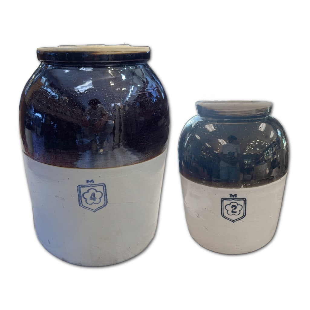 Pair of Vintage Nelson McCoy Two-Tone Stoneware Crocks (1 of 9)