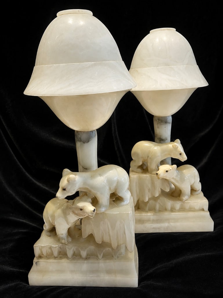 Pair of Figural Alabaster Art Deco Carved Polar Bear Lamps (1 of 5)