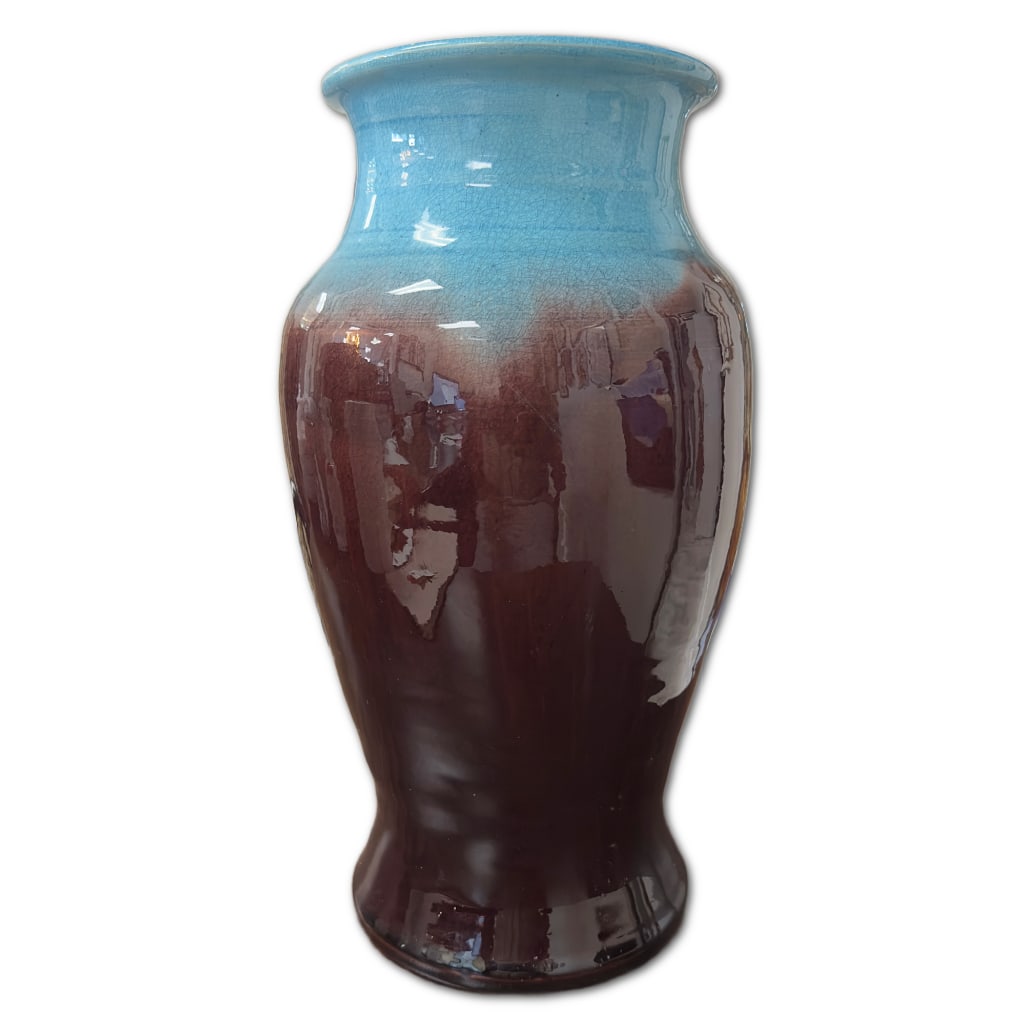 1942 Pisgah Forest Pottery Baluster Vase: This Lot Includes One (1) Pisgah Forest Pottery Baluster Vase Dated 1942 by Walter B. Stephen. The Vase Features a Cameo / Oxblood & Turquoise Drip Glaze and a Classic Baluster-Style Shape w