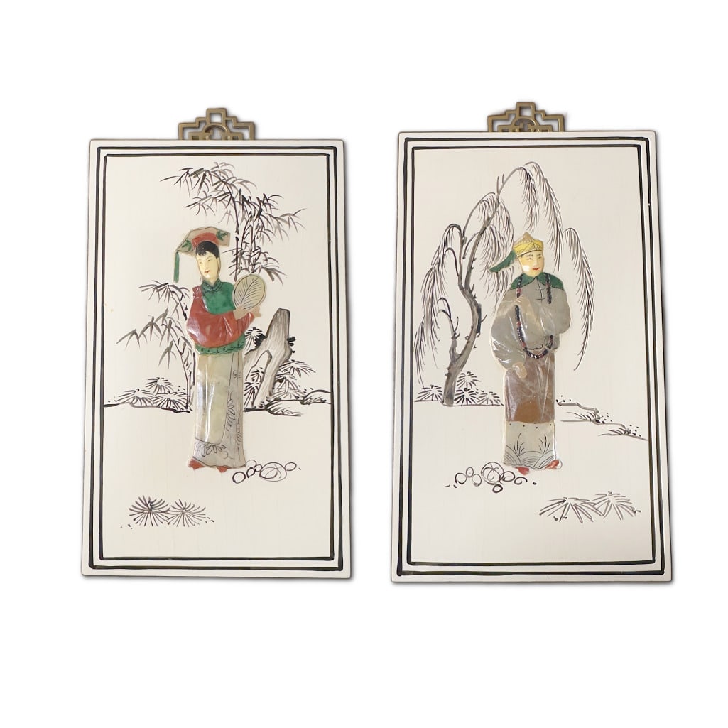 Pair of Vintage Chinese Carved Bone and Mother-of-Pearl Inlaid Relief Wall Plaques (1 of 5)