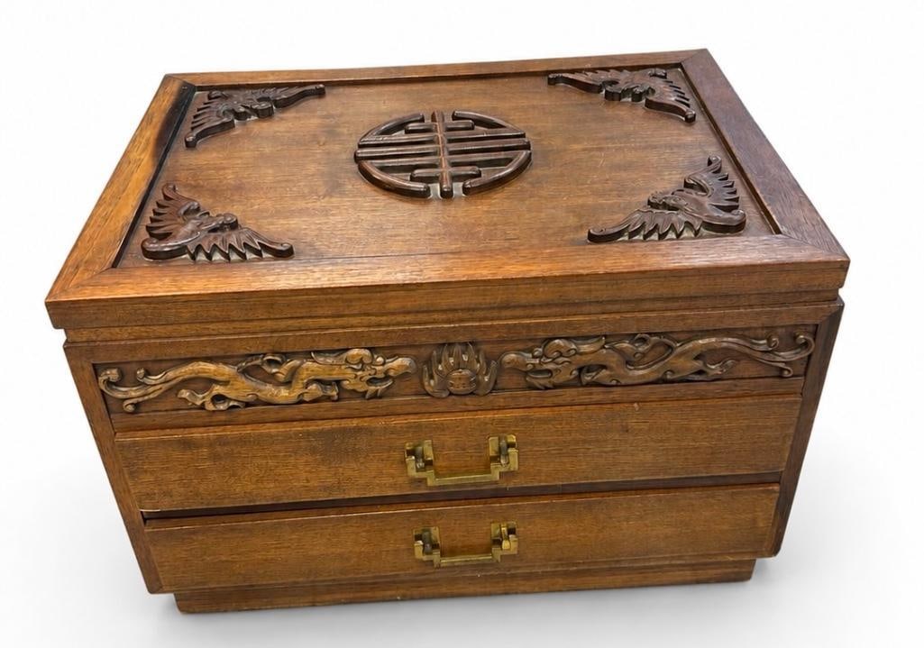 Vintage Asian Wooden Silver Flatware Chest: Vintage Asian Wooden Silver Flatware Chest. This lot includes one (1) vintage Asian silver flatware chest, likely crafted from rosewood or camphor wood in the mid- to late-20th century, features 