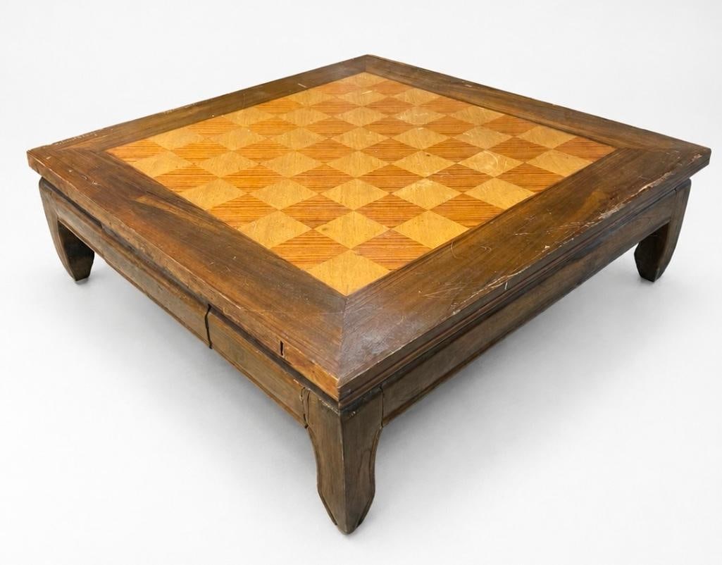 Vintage Low Wooden Game Table: Vintage Low Wooden Game Table. This lot includes one (1) vintage low wooden tabletop game table features a compact, square design with built-in storage drawers, making it ideal for casual tabletop gam