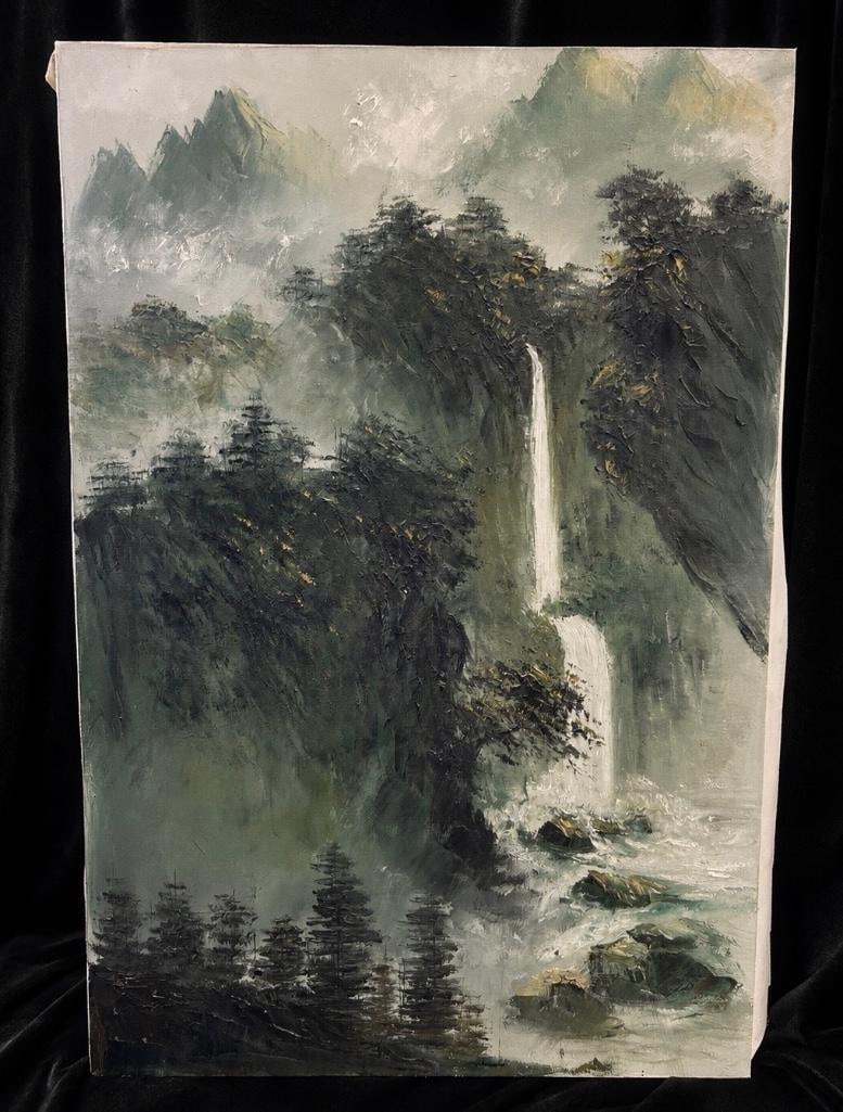 Large Vintage Asian-inspired Shan Shui Style Landscape Painting on Canvas: Large Vintage Asian-inspired Shan Shui Style Landscape Painting on Canvas. This lot includes one (1) large vintage Asian-inspired Shan Shui style landscape painting on canvas, capturing a