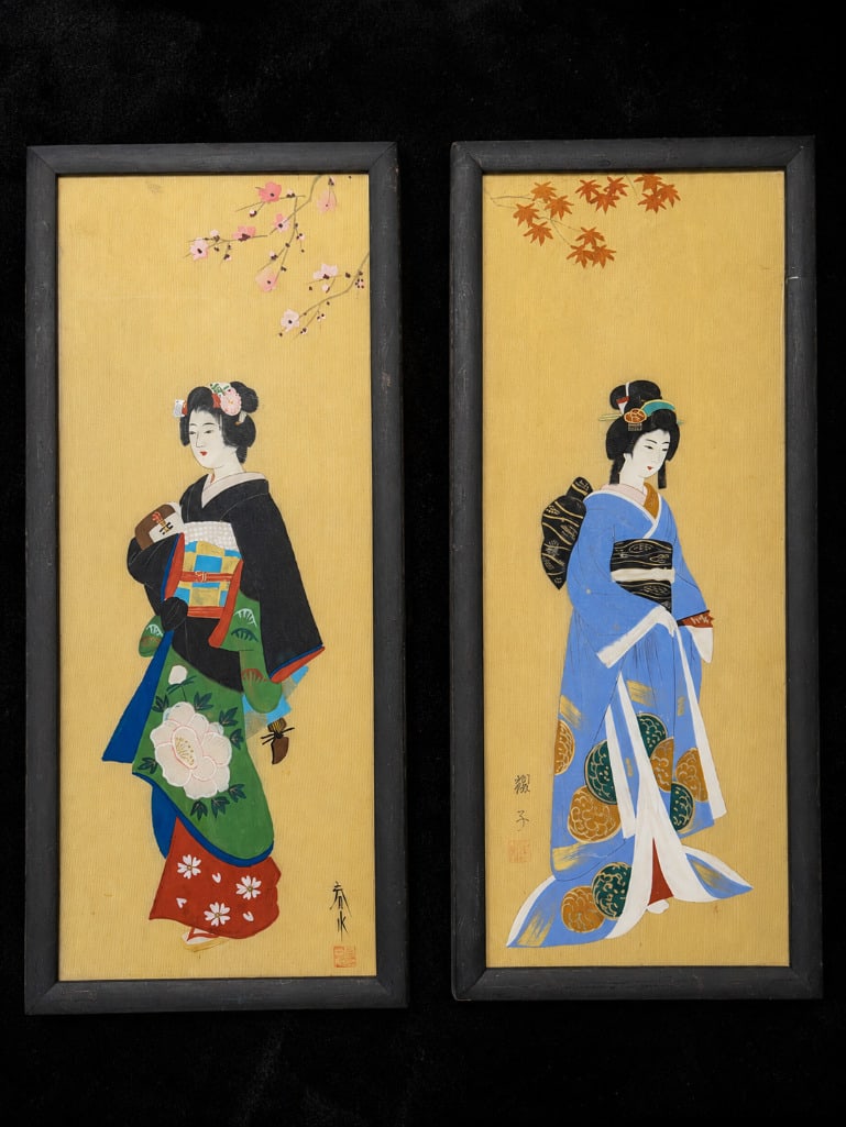 Pair of Vintage Japanese Silk Paintings: Pair of Vintage Japanese Silk Paintings. This lot includes two (2) Japanese silk paintings depicting elegant bijin (beautiful women). Each painting measures approximately 9.25" x