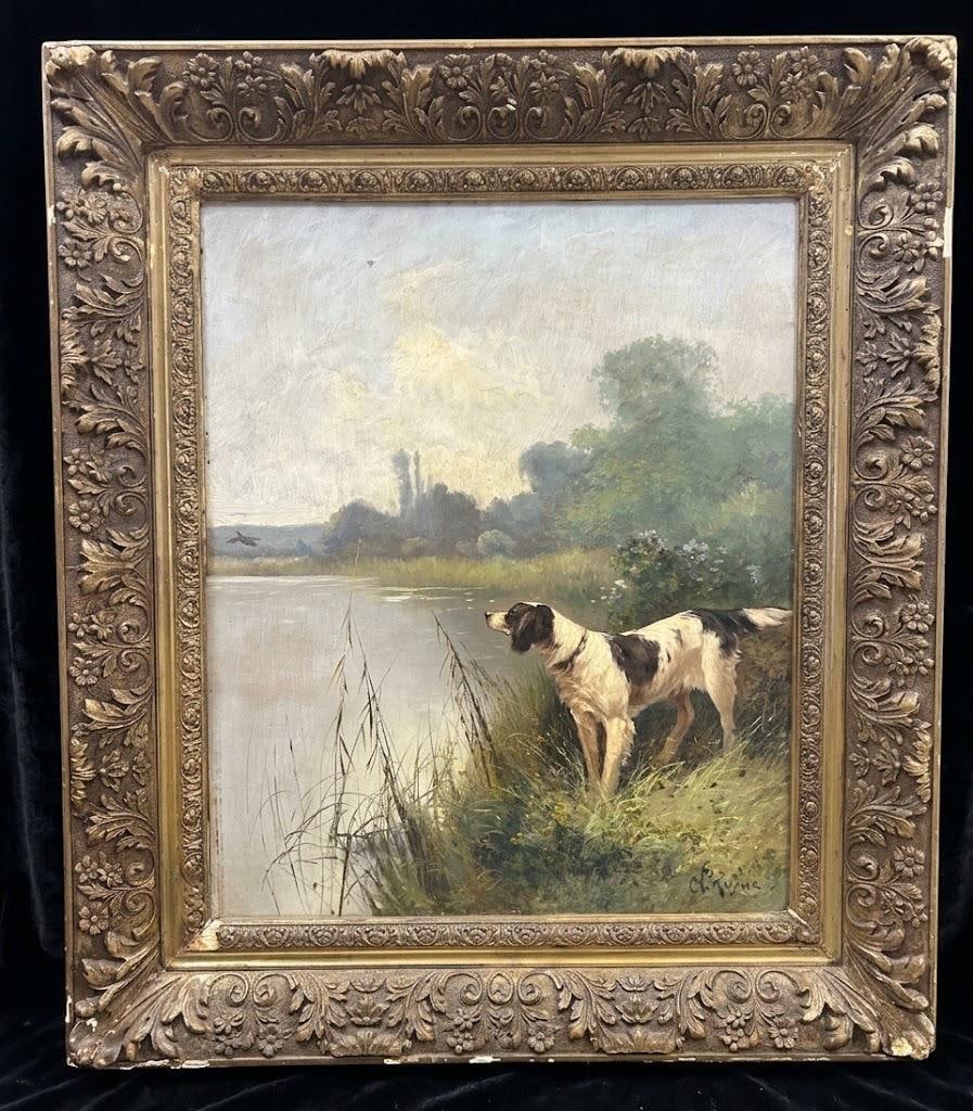 Landscape with Hunting Dog Original Oil on Canvas by Charles André Reyne (1873–1917): "Landscape with Hunting Dog" Original Oil on Canvas by Charles André Reyne (1873–1917). This lot features a charming, traditional sporting-style oil on canvas titled 