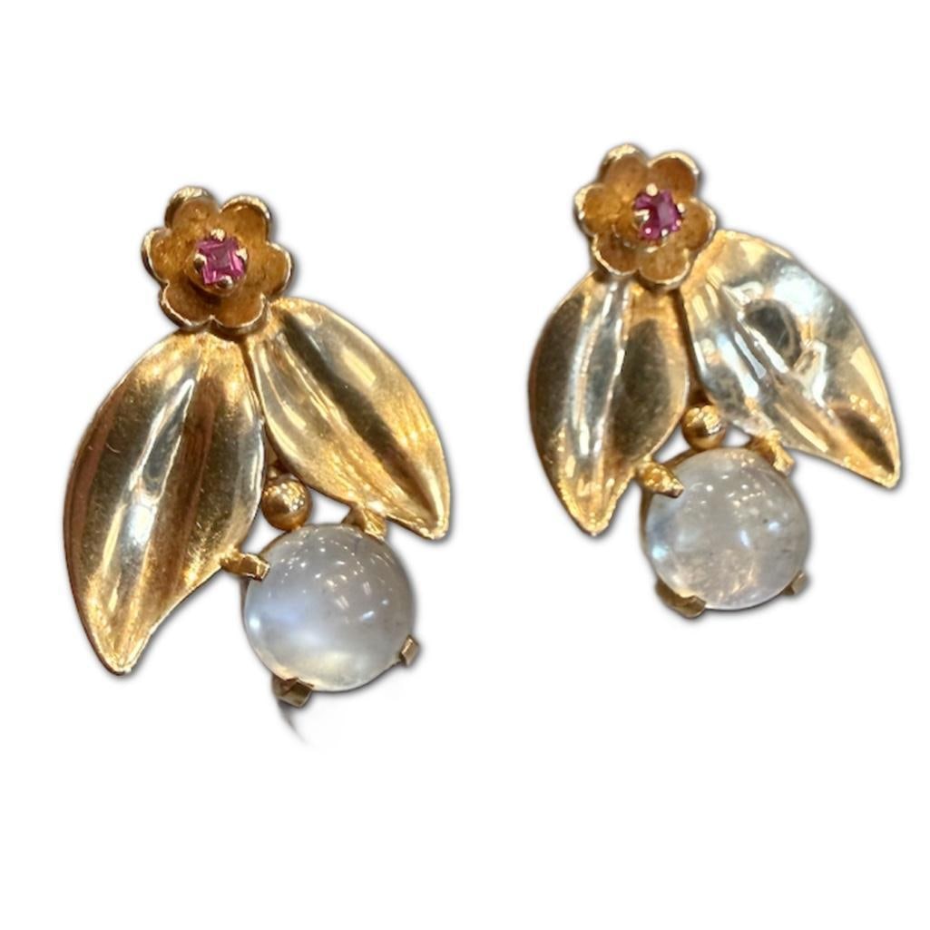14k YG Antique Tiffany & Co. Ruby & Moonstone Screwback Earrings: 14k Yellow Gold Antique Tiffany & Co. Ruby & Moonstone Screwback Earrings for Non Pierced Ears. The Earrings Feature Cabochon Cut Moonstones Measuring 7.5mm in Diameter. The Earrings Feature Two (2)