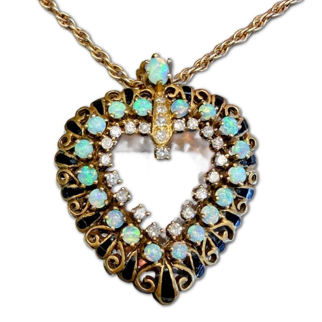 14k YG Vintage Opal & Diamond Enamel Heart Necklace: 14k Yellow Gold Vintage Opal & Diamond Enamel Heart Necklace Containing Nineteen (19) Opals Weighing Approximately 2.15cts in Carat Weight. The Opals have Very Fine Play of Color. The Necklace Also
