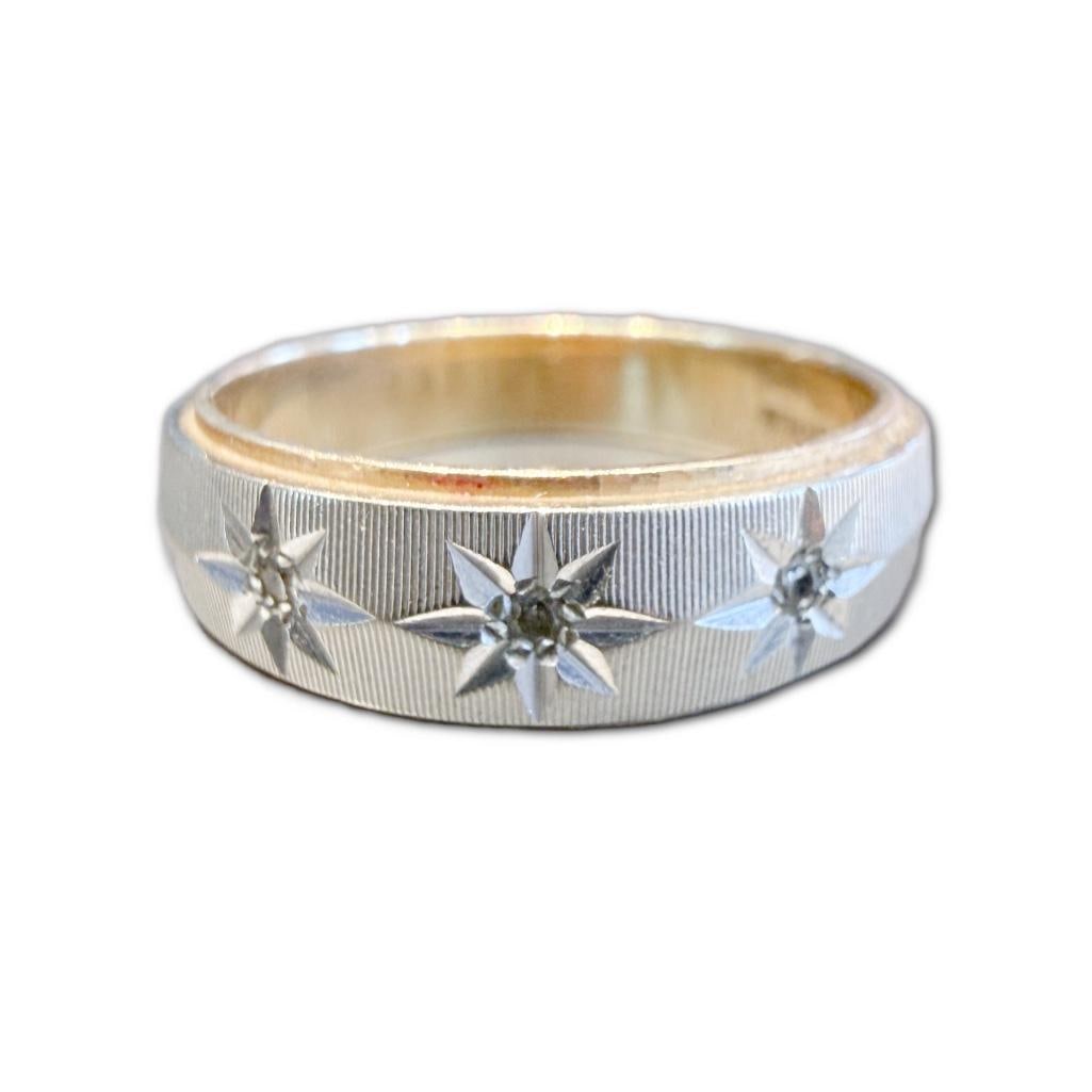 14k YG & WG Miracle Set Diamond Band: 14k Yellow Gold & White Gold Miracle Set Diamond Band Containing Three (3) Single Cut Diamonds Weighing Approximately .06cts in Carat Weight The Ring is Sized to a 6 and Weighs 2.47dwt in Pennyweight.
