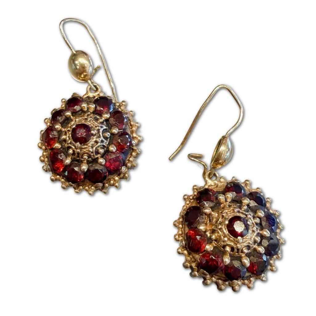 14k YG Antique Bohemian Garnet Cluster Earrings: 14k Yellow Gold Bohemian Antique Garnet Cluster Earrings Containing Twenty Two (22) Round Brilliant Cut Garnets Weighing Approximately 4.40cts in Total Carat Weight. The Earrings Weigh 6.96dwt in Penn