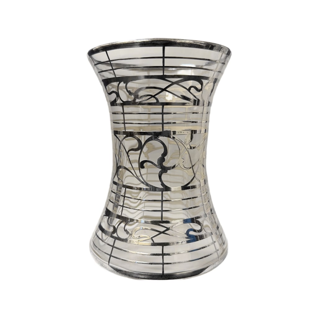 Art Nouveau Glass Vase with Silver Overlay: This Lot Includes One (1) Art Nouveau Glass Vase with Silver Overlay. The Silver is believed to be 800 or Sterling, with the Vase being Unmarked. Features an Hour Glass or Flared Trumpet Form Characte