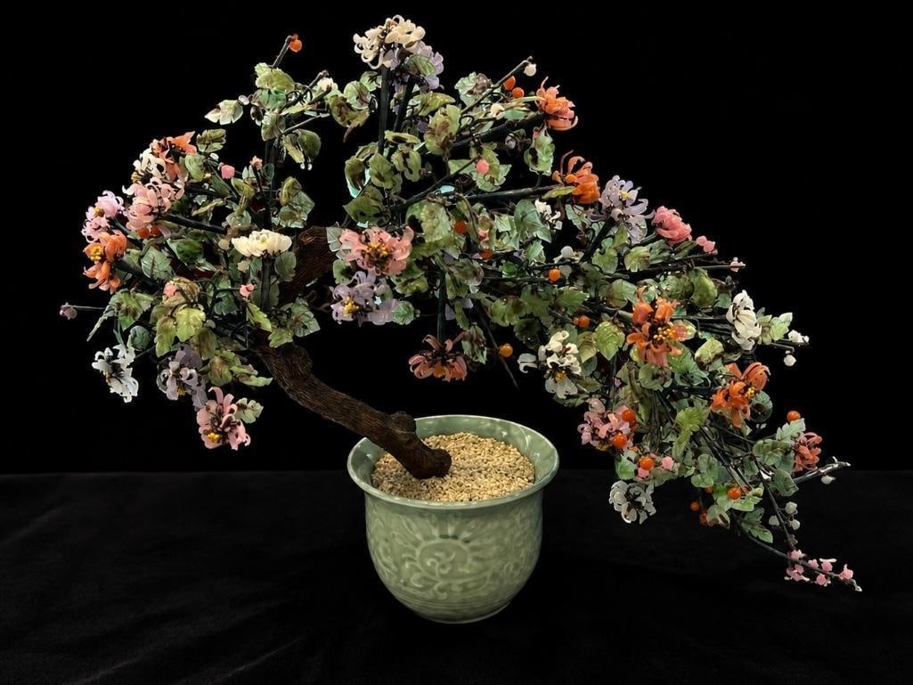 Vintage Chinese Jade, Amethyst, Rose Quartz & Carnelian Bonsai Tree: This Lot Includes One (1) Potted Vintage Chinese Jade, Amethyst, Rose Quartz & Carnelian Bonsai Tree. The Petals are Made From Peking Glass to Resemble Precious Stone. The Tree is Arranged with