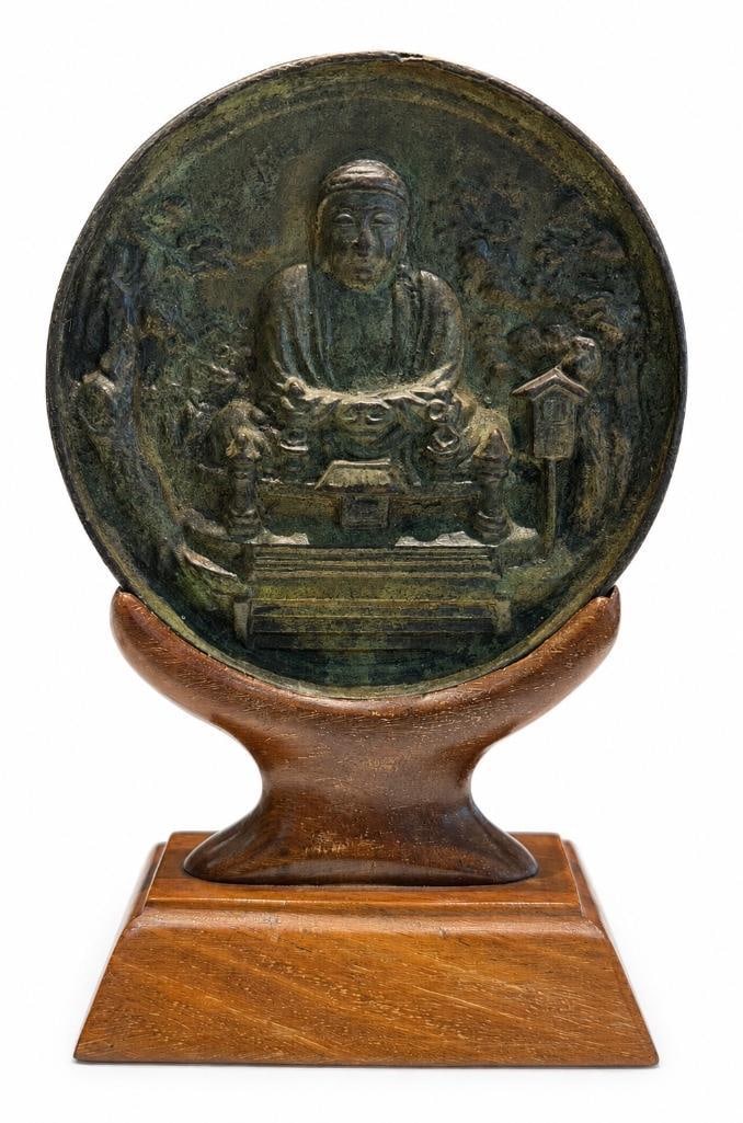 Antique Patinated Bronze Buddha Medallion with Stand (1 of 5)