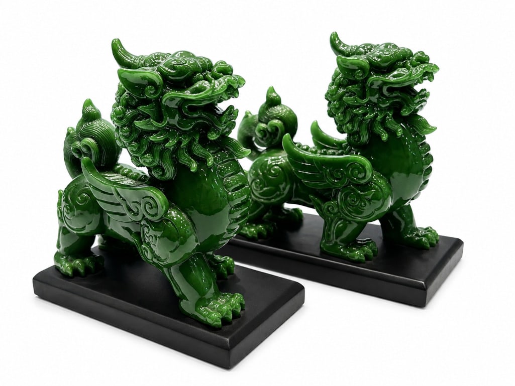 Pair of Pi Yao Resin Figurines: Pair of Pi Yao Resin Figurines. This lot includes two (2) Pi Yao figurines crafted of resin and presented on wooden bases. Both figurines are in good condition. Each measures approximately 5.25&#