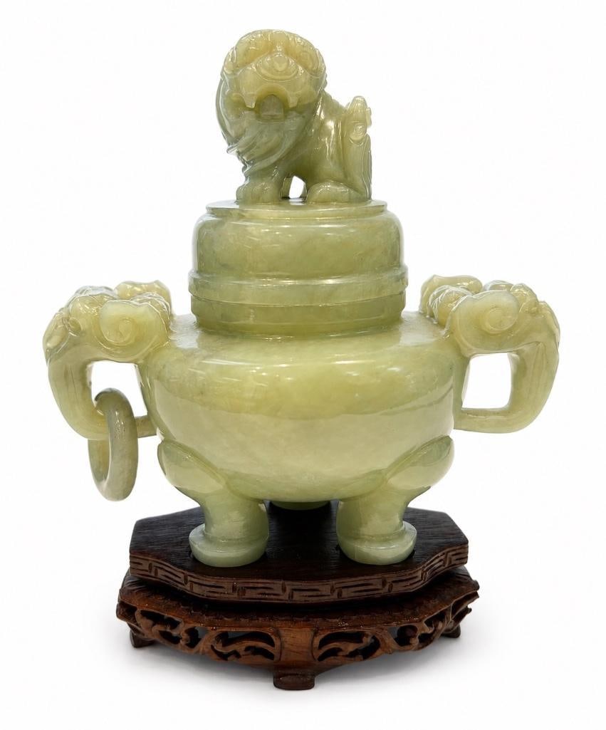 Chinese Jade Incense Burner on Carved Wooden Base (1 of 3)