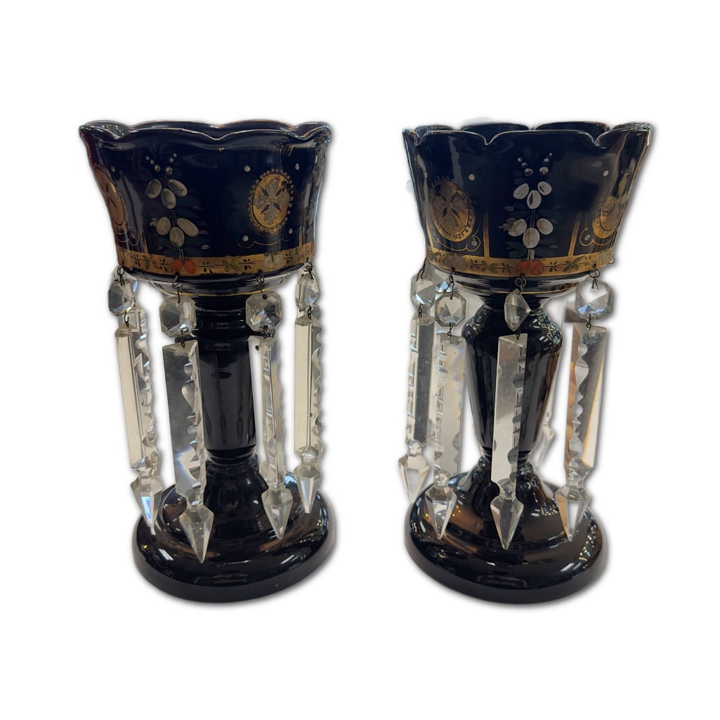 Pair of Antique Bohemian Glass Mantle Lusters: This Lot Includes Two (2) Antique Victorian Bohemian Glass Mantle Lusters. Crafted in Opaque Black/Dark Amethyst Glass Featuring a Scalloped Rim and Raised Baluster Pedestal Base. Hand-Painted in