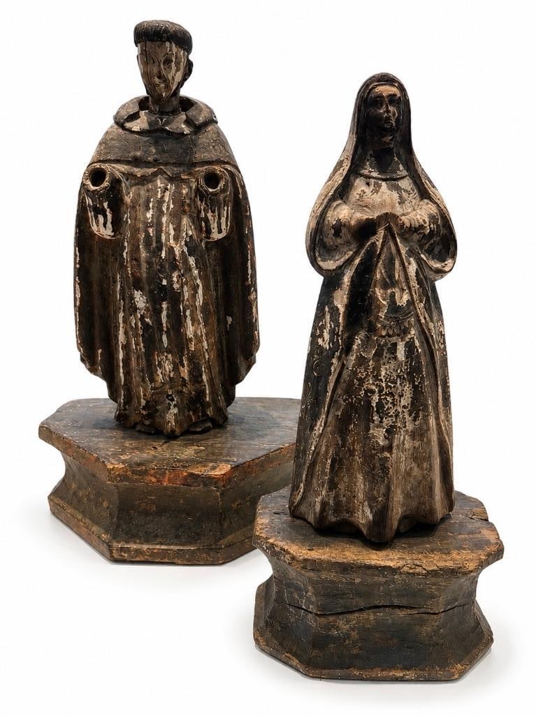 Set of Antique St. Antonio & Santa Rita European Wood Carved Figures: This Lot Includes One (1) Antique European Wood Carved St. Antonio of Padua Figure, and One (1) Antique European Wood Carved Santa Rita of Cascia Figure. Likely from Late 1800's. Both Figures Original