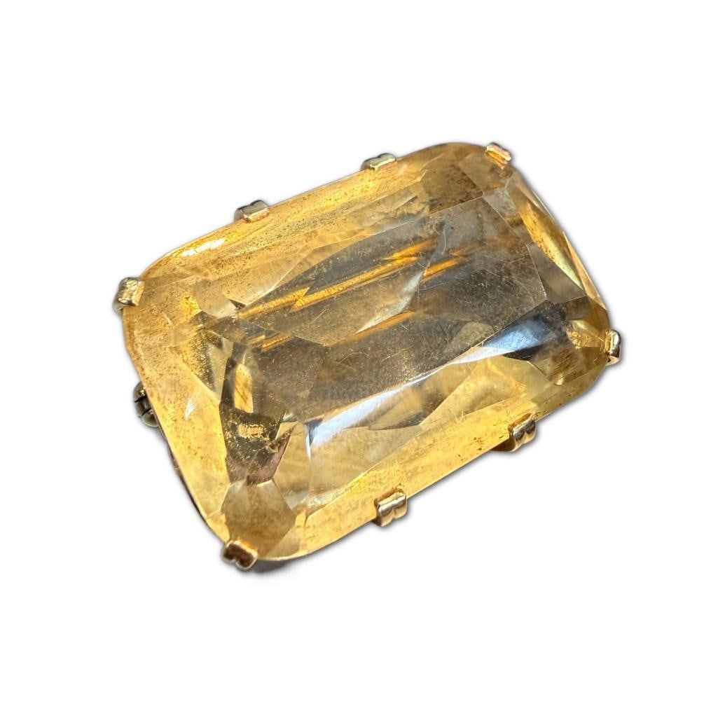 14k YG Antique European Citrine Brooch: 14k Yellow Gold Antique European Citrine Brooch Stamped 585. The Citrine Measures 18mm x 27mm x 11.5mm and Weighs Approximately 32 carats. Provenance of Estate: The estate comes from a storied 19th ce