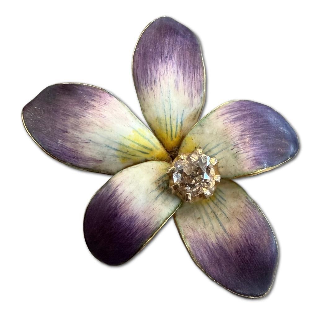 14k Yellow Gold Art Nouveau Enamel Diamond Flower Brooch: 14k Yellow Gold Art Nouveau Enamel Diamond Flower Brooch Featuring One (1) Old Mine Cut Diamond Weighing Approximately .30cts in Total Carat Weight. The Diamond is Light Champagne in Color and I1-I2 i