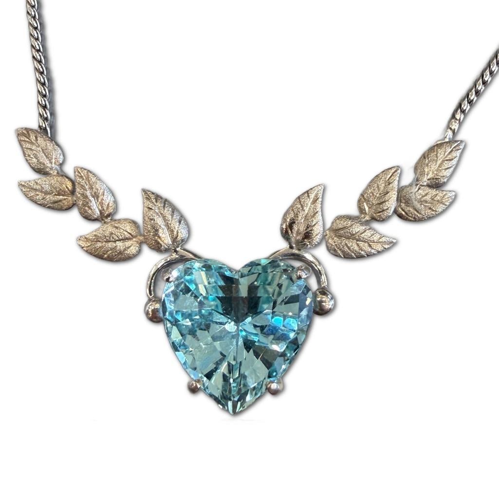14k WG Aqua Effy Necklace: 14k White Gold Aquamarine Effy Necklace Containing One (1) Heart Cut Aquamarine Weighing Approximately 17.78cts. The Stone Measures 16.3mm x 16.5mm x 10.3mm. The Necklace is Approximately&nb