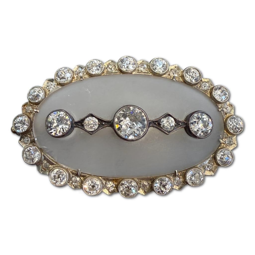 Art Deco Era 14k WG & YG Camphor Glass Diamond Brooch: Art Deco Era 14k White Gold & Yellow Gold Camphor Glass Diamond Brooch Containing Three (3) European Cut Diamonds Weighing Approximately 1.80cts in Total Carat Weight. The Diamonds are Approximate
